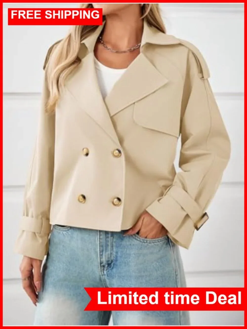 Cropped Trench Coat Oversized Double Breasted Lapel Short Jacket